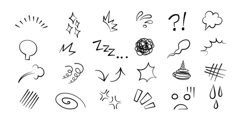 Anime manga comic emoticon element graphic effects hand drawn doodle vector illustration set isolated on white background. Cartoon style manga doodle line expression scribble anime mark collection.