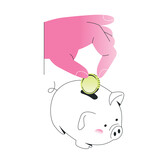 Fototapeta  - Hand Puts Shiny Coin Into Piggy Bank.Vector illustration isolated on white background. Editable stroke.