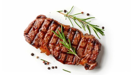 Poster - A grilled steak on a white background, top view, isolated from the background.