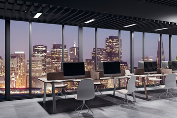 Poster - Dark office interior with decorative wooden wall, window and panoramic night city view. 3D Rendering.