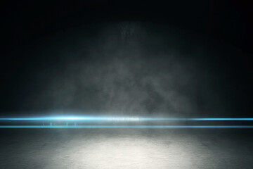 Aufkleber - Blue neon light cutting through darkness and smoke on stage, modern show background. 3D Rendering