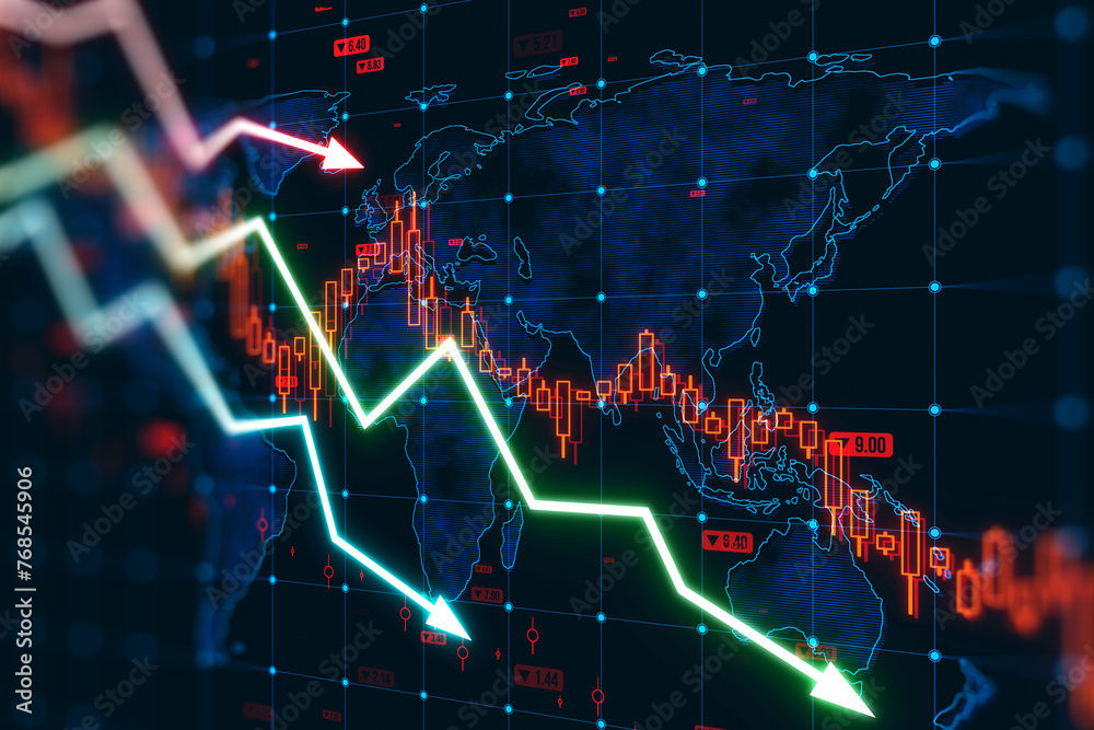 Stock market graph on a world map showing a financial downturn with red ...