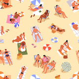 Fototapeta Pokój dzieciecy - People on summer beach, seamless pattern. Tiny tourists relaxing, resting sunbathing on sand, towels, endless background. Repeating print, sea resort on vacation. Printable flat vector illustration