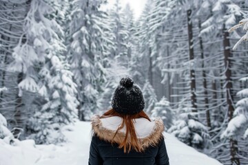 Canvas Print - back shot, woman facing snowcovered trees