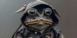 A frog with a hood that has a leaf on it. Frog toad in rock punk black metal chain leather outfit 

