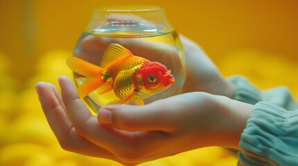 Wall Mural - Child holding a fishbowl with a goldfish in a vibrant yellow setting