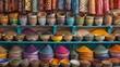 A vibrant and colorful display of spices and textiles in a Moroccan market.