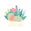 Newborn sleeping surrounded by flowers. Vector illustration with child and text welcome baby.