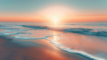 Wall Mural - A serene beach scene at sunset, with a glass blur effect overlay on the horizon line to simulate a gentle, dreamy transition between sky and sea.