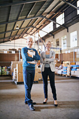 Poster - Boxes, confidence and portrait of business people in factory with package, logistics and distribution. Export, commerce and service team at cargo storage warehouse with clipboard, pride and smile