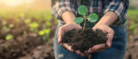 Wall Mural - Woman holding green sprout seedling in hands in background of agricultural field area. Concept of Earth Day, organic gardening, ecology, sustainable living.