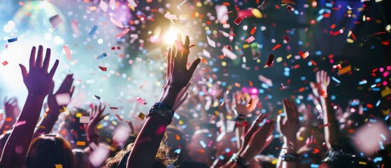 Poster - Picture of a rock concert, music festival, New Year's celebration, party in a club, dance floor, disco club, people standing and clapping, happiness, and night life.