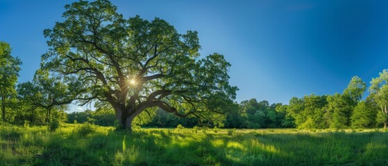 Wall Mural - Sunlight shining through a magnificent oak tree in a meadow, with blue skies in the background.