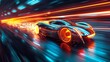 A speeding futuristic car leaving trails of light in its wake, using radial or motion blur to simulate the light spread.