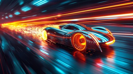 Poster - A speeding futuristic car leaving trails of light in its wake, using radial or motion blur to simulate the light spread.