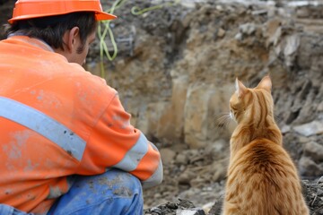 Canvas Print - worker and cat looking at a site excavation together