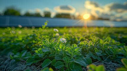 Fresh green grass and flowers bloom, green sunlight on grass