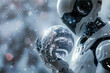 A futuristic AI robot holding a frosty Earth. Environmental impacts
