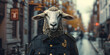Sheep dressed in a formal business suit anthropomorphic businessman, 3d sheep in business suit with a human body looking serious with a dramatic studio background. 
