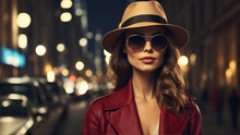 Portrait Of A Model Wearing Sunglasses And Hat In City At Night 