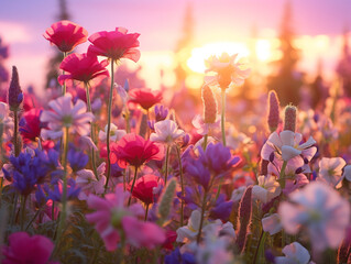 Wall Mural - Colorful spring blooms under a sunset sky in a flourishing wildflower field