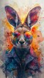 Amidst a watercolor festival, a kangaroo wearing colorful glasses breathes fire, captivating the crowd , Watercolor
