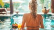 Healthy woman on swimming pool in luxurious tropical resort with have various food and drinks, her contented sigh echoing the gentle lapping of the pool water in a moment of pure bliss.