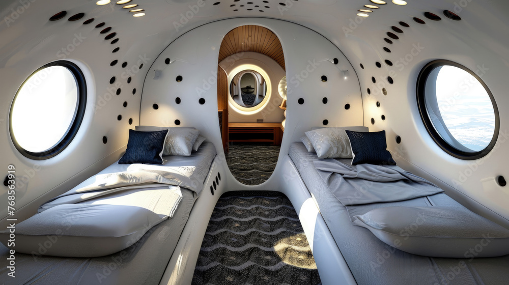 A lavish private jet bedroom featuring twin beds, circular windows, and ...
