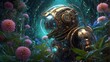 background In an otherworldly astral projection, a whimsically bizarre steampunk android astronaut floats amidst a celestial garden of mechanical plants and glowing crystals. This digitally enhanced p
