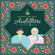 Hari Raya Aidilfitri greeting card. Cartoon muslim boy and girl with batik flora pattern background. (text: Fasting Day celebration)