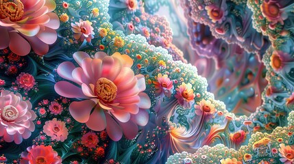 Wall Mural - Surreal gardens of abstract flowers blooming amidst swirling vortexes of color, their otherworldly beauty inviting the viewer to lose themselves in a realm of imagination in