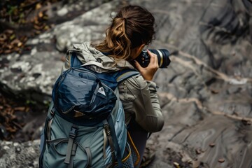 Canvas Print - woman with a backpack documenting damage with a camera