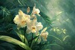 Deep Forest Orchids, Vanilla Cream Blooms, Lush Greenery, Botanical Illustration, Digital Painting