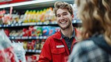 Fototapeta Sawanna - Young Supermarket Employee. Customer Service Concept. Generative AI