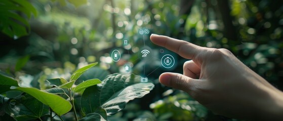 Poster - A finger touch with a nature background over a network connection with environment icons. Concept of technology, ecology, and renewable energy.
