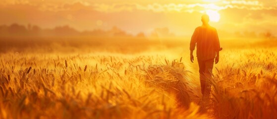 Poster - Harvesting wheat at sunset and walking through wheat fields.