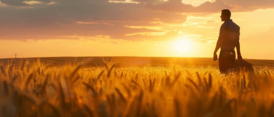Poster - This silhouette depicts a male agronomist farmer holding wheat ears in his hands on the golden wheat field.