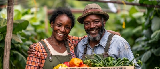 Sticker - Photograph of a smiling black farmer and mature woman showing box of harvested vegetables on the farm. A crate of bio vegetables is in the background.