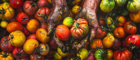 Poster - Freshly harvested tomatoes in the hands of a farmer.