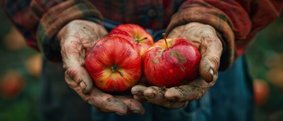 Poster - Freshly harvested apples. Farmers hands holding organic fruits and vegetables.