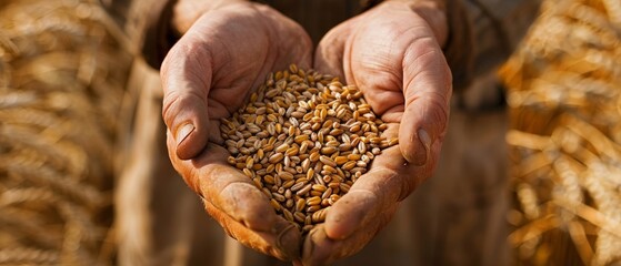 Canvas Print - Agricultural hand holding a handful of wheat grains in a wheat field.