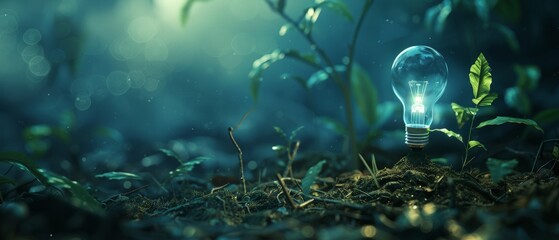 Poster - A tree grows on a light bulb. Convergence of technology and digital. Network background with blue light. Concept of Cloud Service Requirements and IT Ethics.
