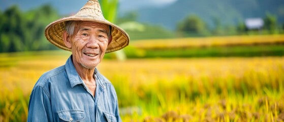 Poster - A portrait of an elderly Asian farmer, wearing a shirt and wicker hat, stands outside in a rice field and looks at the camera. A senior man farmer in the countryside of Thailand.