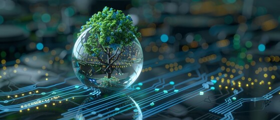 Poster - Circuit digital ball growing a tree. Green computing, green technology, green IT, csr, and IT ethics concept.