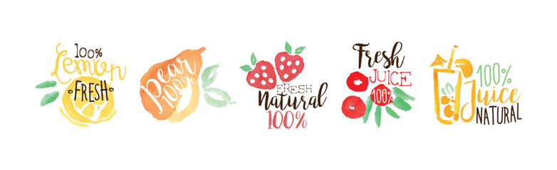 Wall Mural - Juice and Fresh Watercolor Hand Drawn Label Vector Set