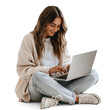 © Sim - 35 year old woman, sitting on the floor, using MacBook, silver laptop on transparency background PNG