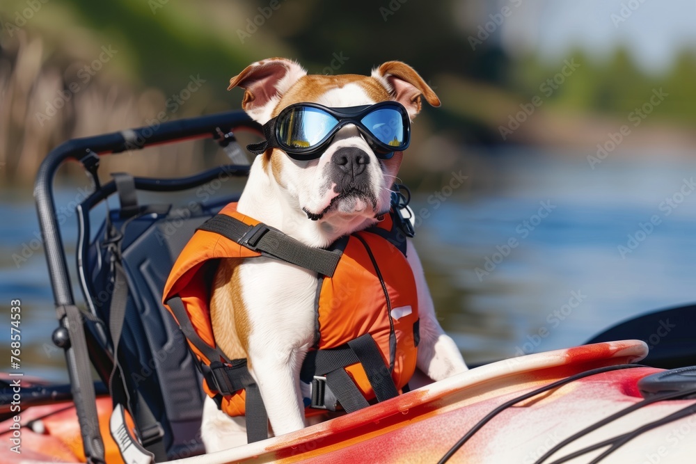 dog in lifejacket and goggles sitting on a kayak