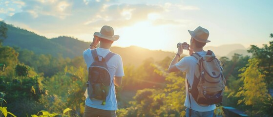 An Asian man and a young guy enjoy a summer holiday road trip together. The two young guys are looking at beautiful natural scenery of green countryside forest and mountains on a sunny day.