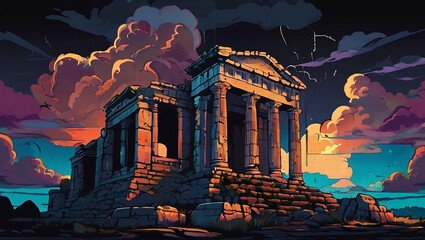 Wall Mural - Temple ruins in an ancient rome citys Illustration