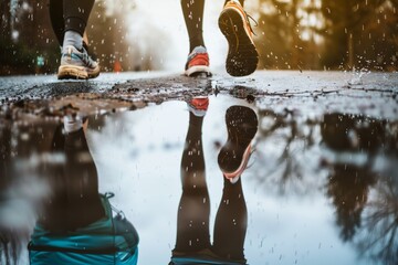 Wall Mural - runners reflection in a puddle during a rain jog